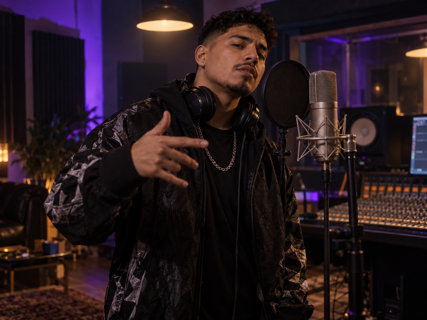 AI illustration of an independent rapper performing beside a microphone in a violet-lit recording studio