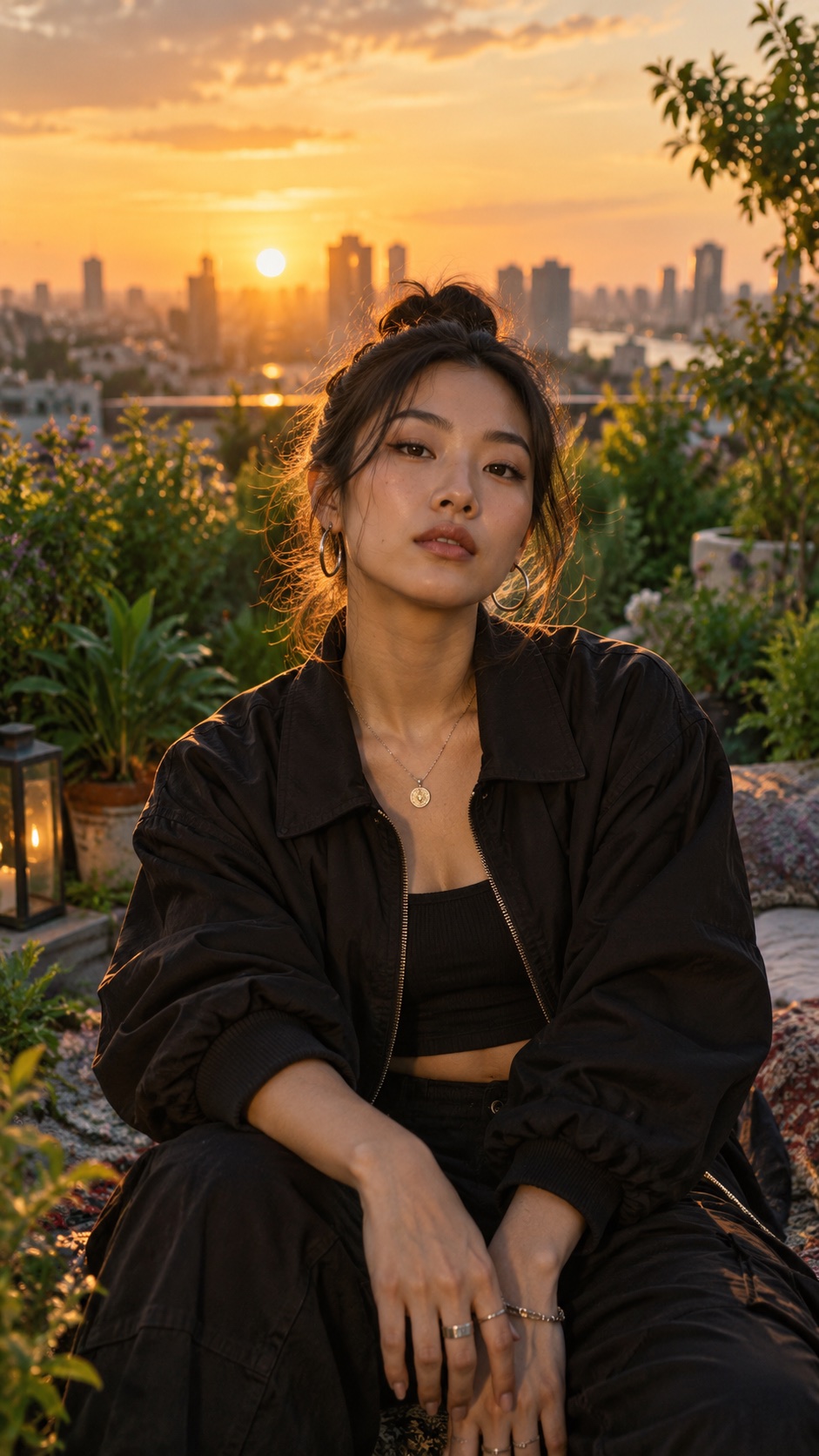 AI illustration of a female rap artist on a rooftop garden at golden hour