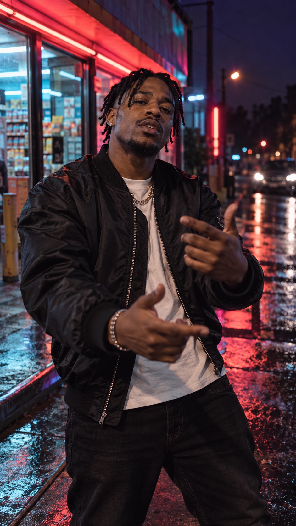 AI illustration of a rapper performing outside a neon-lit corner store at night