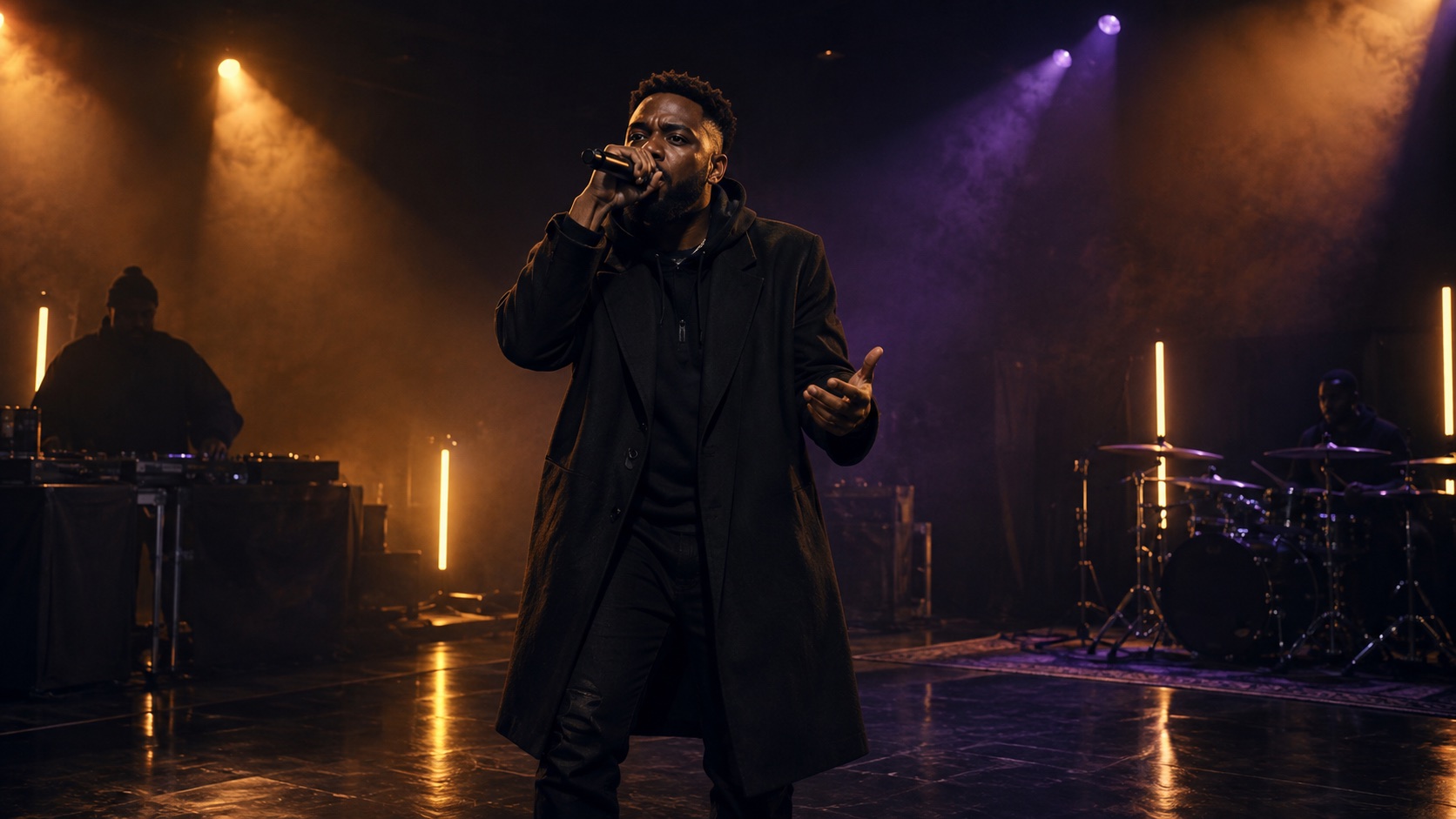 AI illustration of a rapper performing on a widescreen stage under amber and violet lights