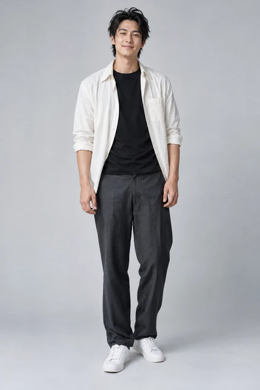 Original adult man in an ivory overshirt, assigned to the opening dancer