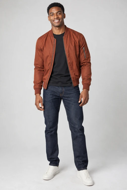 Original adult man in a rust bomber jacket, assigned to the car-side performer