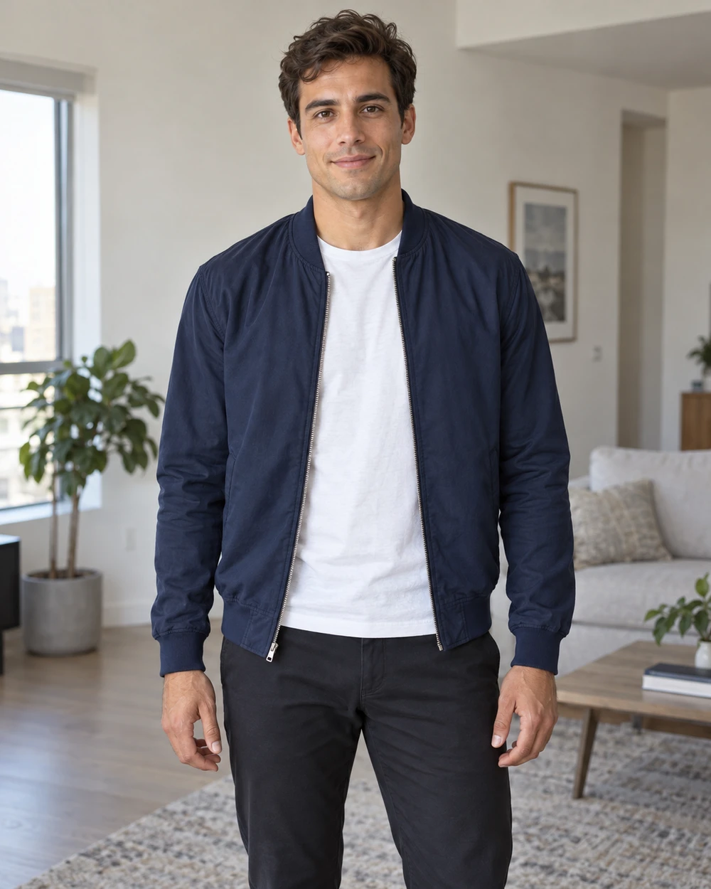 Example photo of a fictional man with short brown hair and a navy jacket