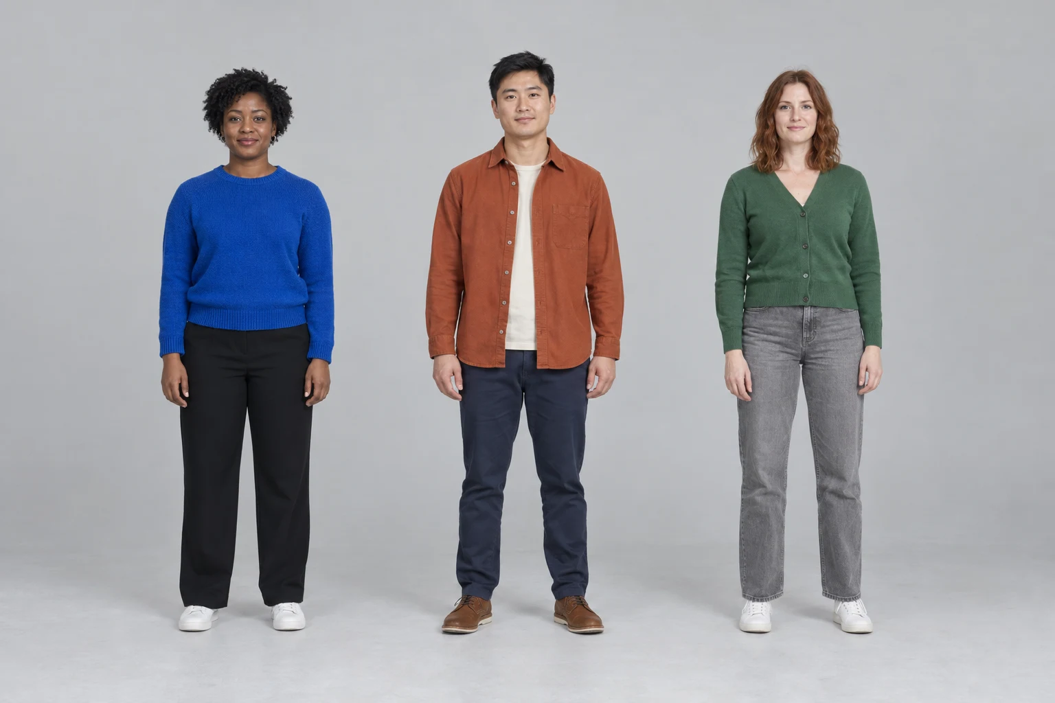 Group photo of three AI characters used for the crew dance example