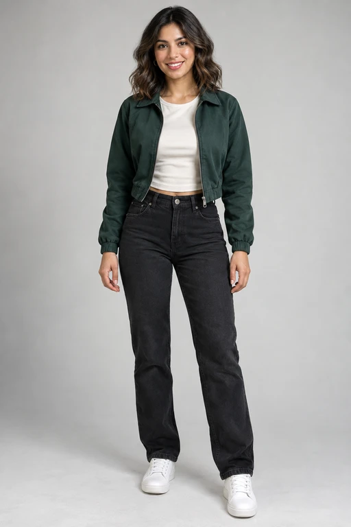 Original adult woman in a forest green jacket, assigned to the selfie operator